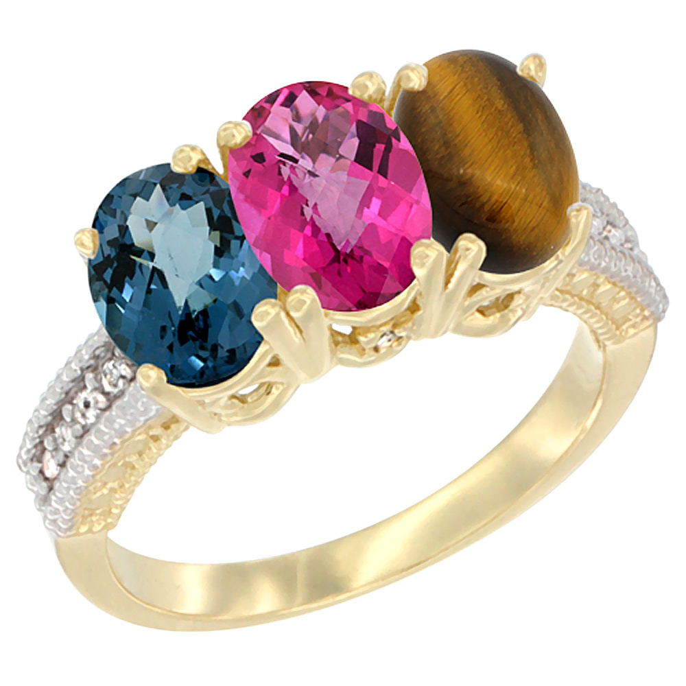 10K Yellow Gold Diamond Natural London Blue Topaz, Pink Topaz &amp; Tiger Eye Ring 3-Stone Oval 7x5 mm, sizes 5 - 10
