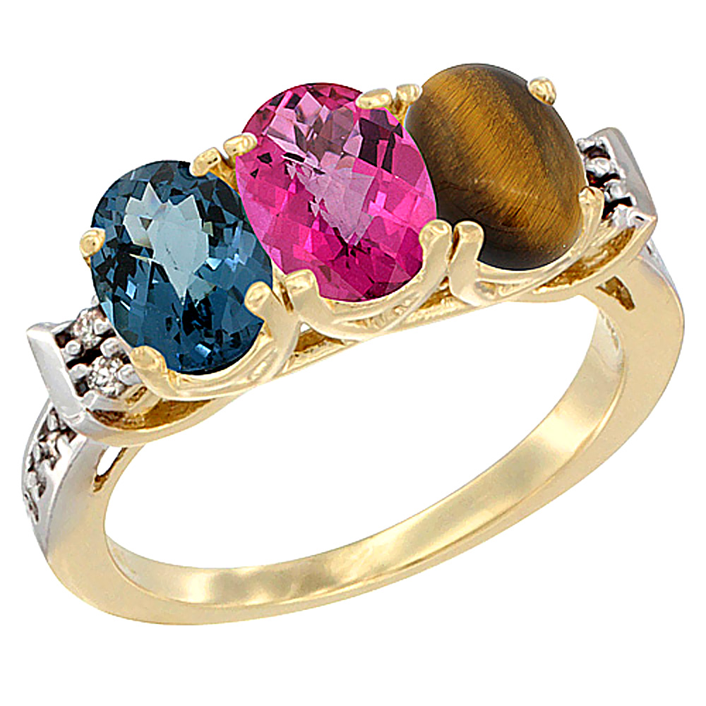 10K Yellow Gold Natural London Blue Topaz, Pink Topaz &amp; Tiger Eye Ring 3-Stone Oval 7x5 mm Diamond Accent, sizes 5 - 10