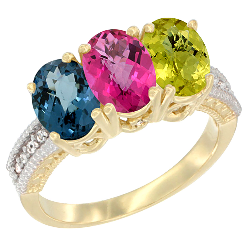 14K Yellow Gold Natural London Blue Topaz, Pink Topaz & Lemon Quartz Ring 3-Stone 7x5 mm Oval Diamond Accent, sizes 5 - 10