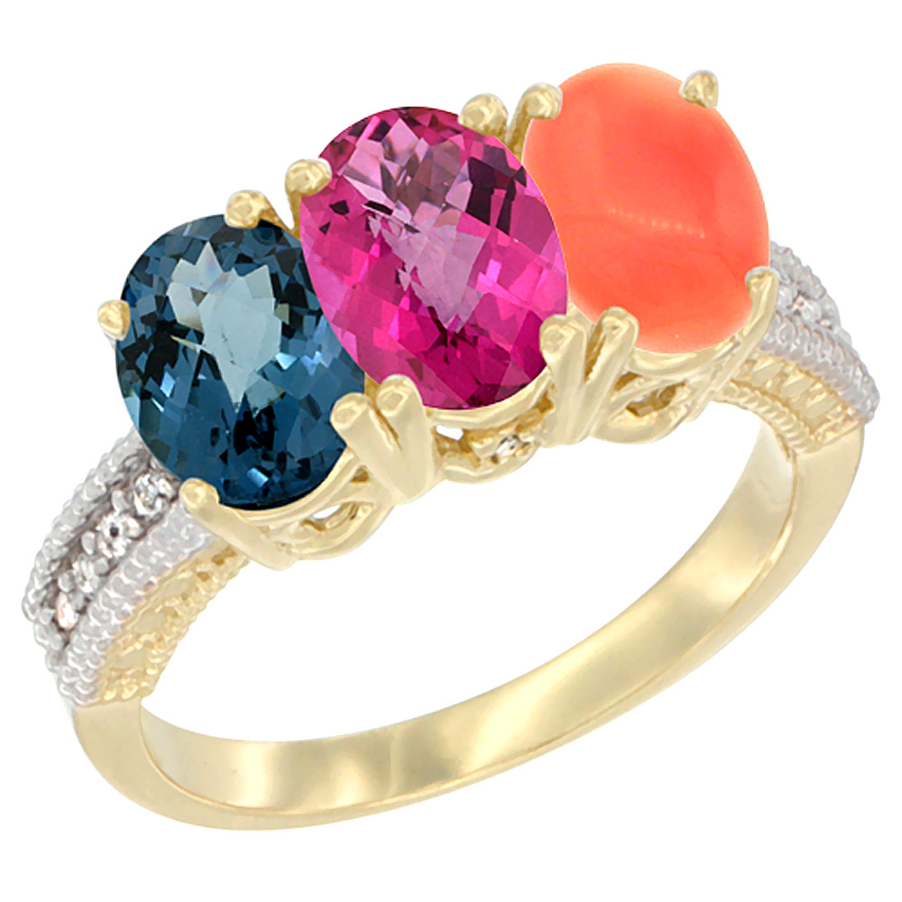 14K Yellow Gold Natural London Blue Topaz, Pink Topaz & Coral Ring 3-Stone 7x5 mm Oval Diamond Accent, sizes 5 - 10