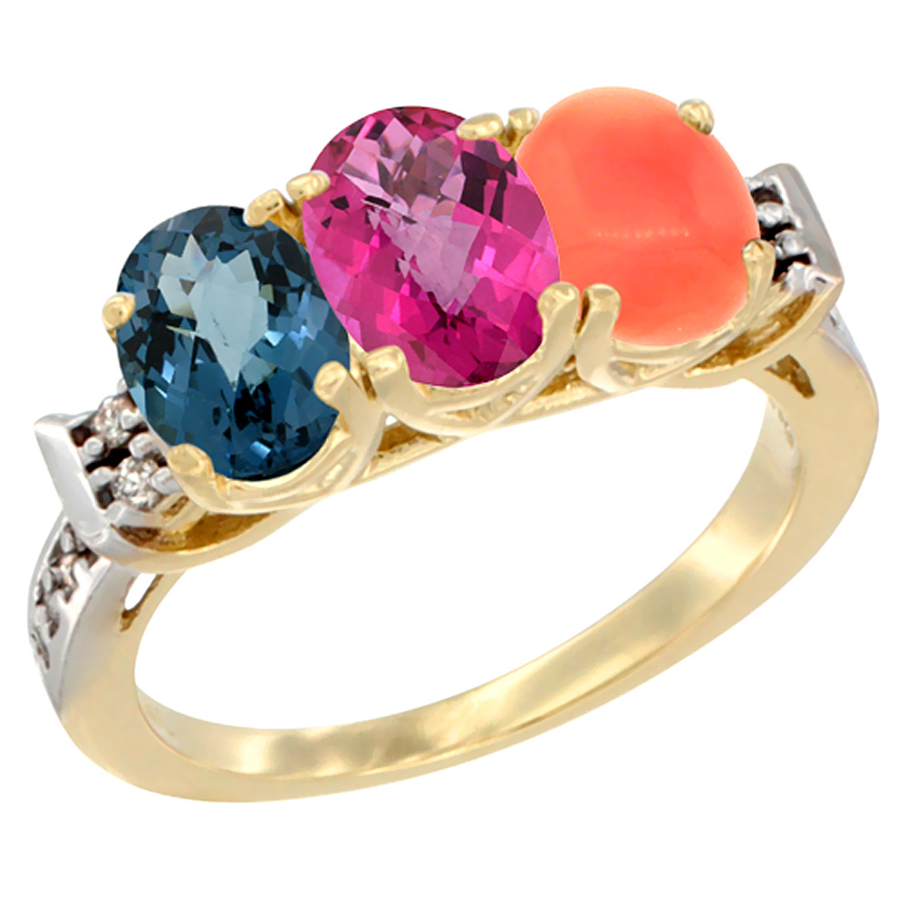 10K Yellow Gold Natural London Blue Topaz, Pink Topaz & Coral Ring 3-Stone Oval 7x5 mm Diamond Accent, sizes 5 - 10