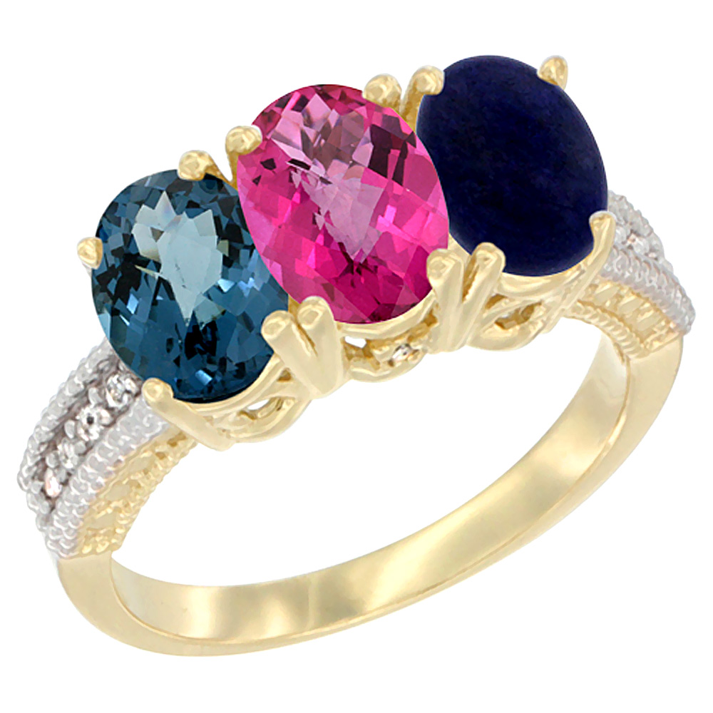 14K Yellow Gold Natural London Blue Topaz, Pink Topaz & Lapis Ring 3-Stone 7x5 mm Oval Diamond Accent, sizes 5 - 10