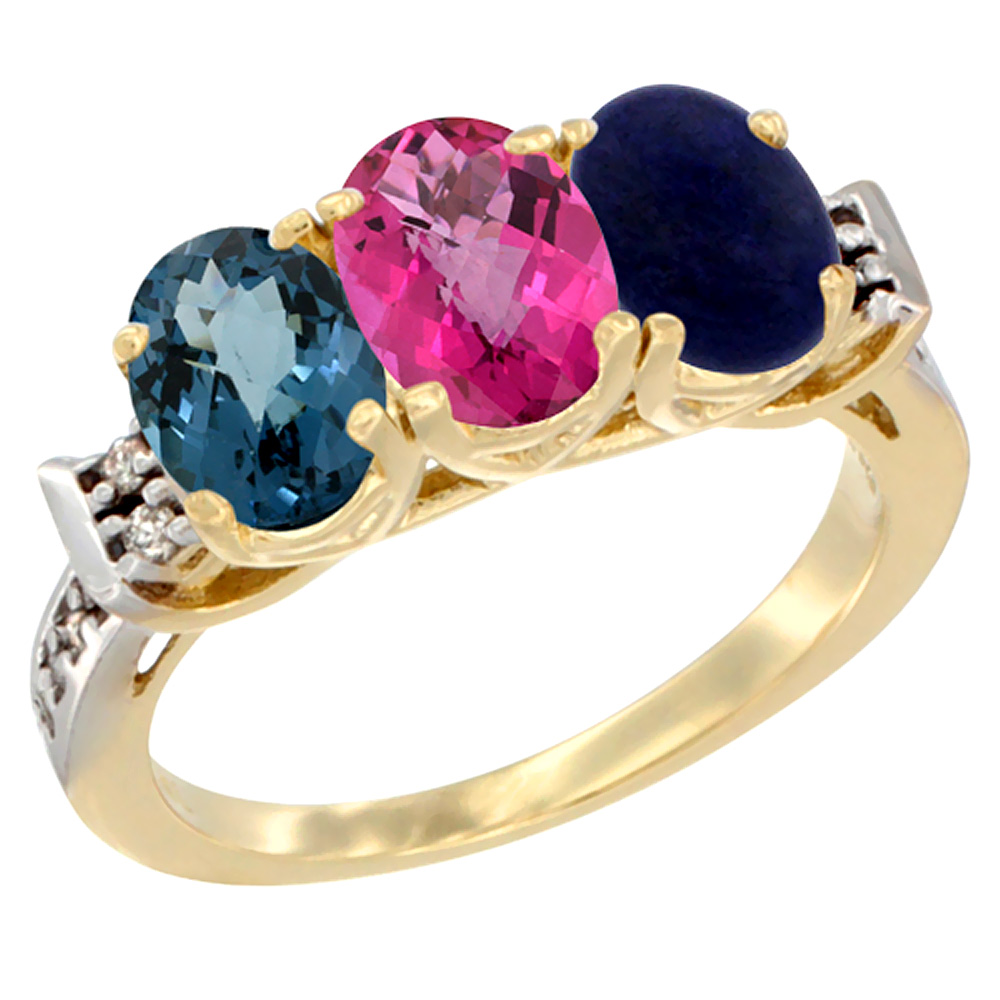 10K Yellow Gold Natural London Blue Topaz, Pink Topaz &amp; Lapis Ring 3-Stone Oval 7x5 mm Diamond Accent, sizes 5 - 10