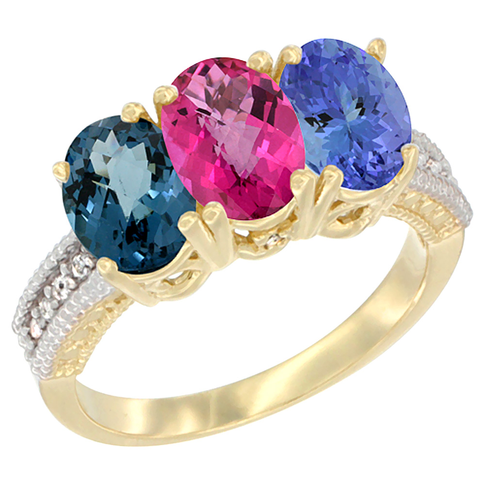 14K Yellow Gold Natural London Blue Topaz, Pink Topaz &amp; Tanzanite Ring 3-Stone 7x5 mm Oval Diamond Accent, sizes 5 - 10