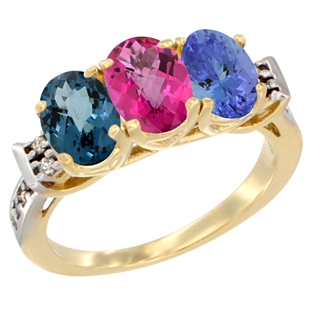 10K Yellow Gold Natural London Blue Topaz, Pink Topaz & Tanzanite Ring 3-Stone Oval 7x5 mm Diamond Accent, sizes 5 - 10