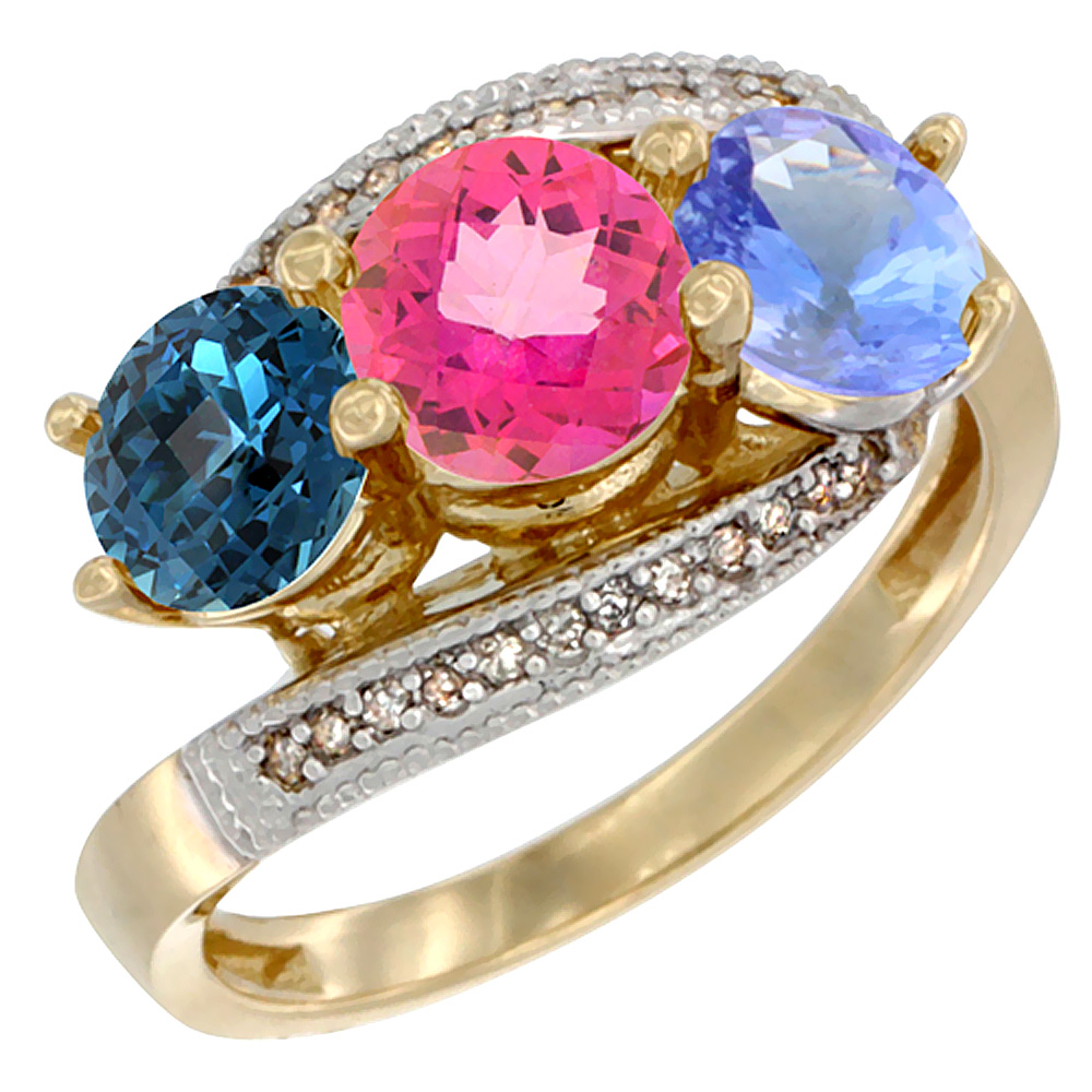 10K Yellow Gold Natural London Blue Topaz, Pink Topaz & Tanzanite 3 stone Ring Round 6mm Diamond Accent, sizes 5 - 10