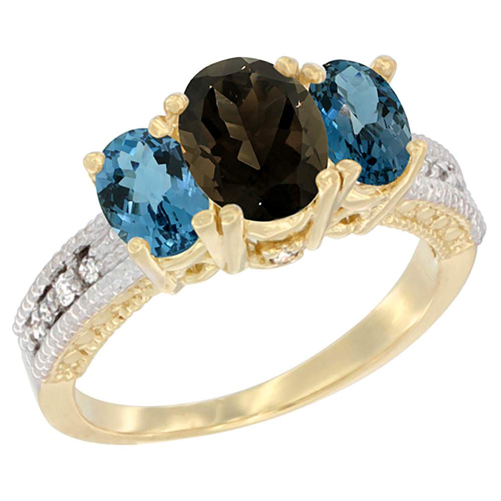 10K Yellow Gold Diamond Natural Smoky Topaz Ring Oval 3-stone with London Blue Topaz, sizes 5 - 10