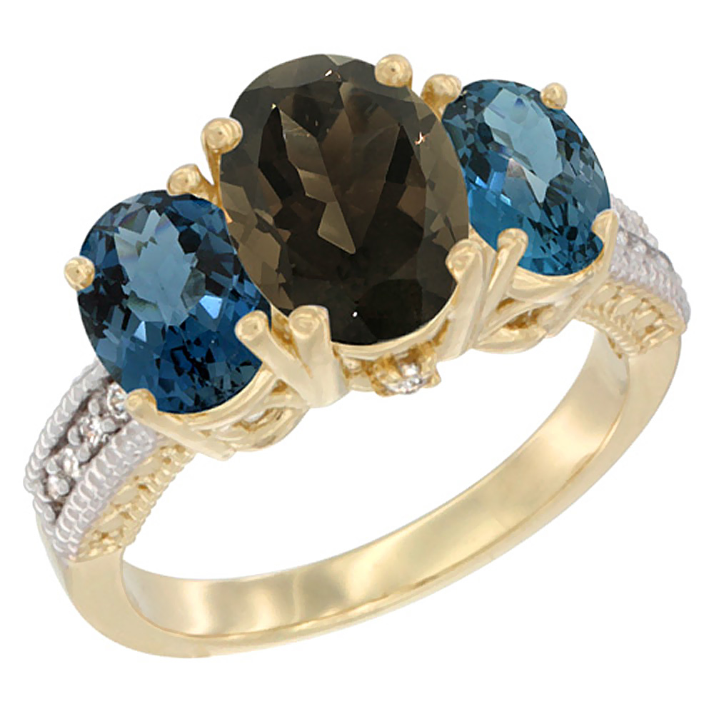 14K Yellow Gold Diamond Natural Smoky Topaz Ring 3-Stone Oval 8x6mm with London Blue Topaz, sizes5-10
