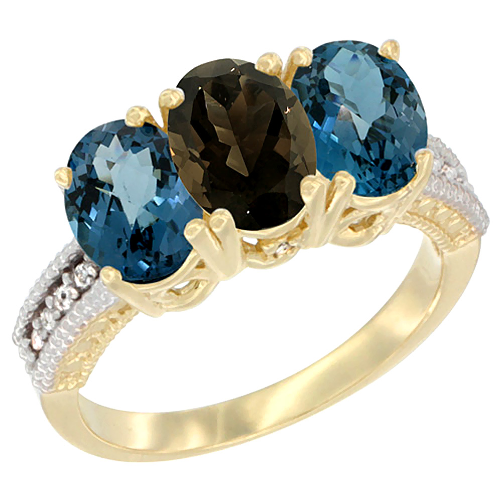 14K Yellow Gold Natural Smoky Topaz &amp; London Blue Topaz Sides Ring 3-Stone 7x5 mm Oval Diamond Accent, sizes 5 - 10