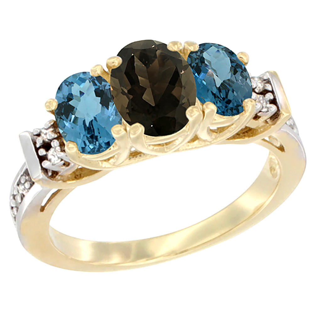14K Yellow Gold Natural Smoky Topaz &amp; London Blue Ring 3-Stone Oval Diamond Accent