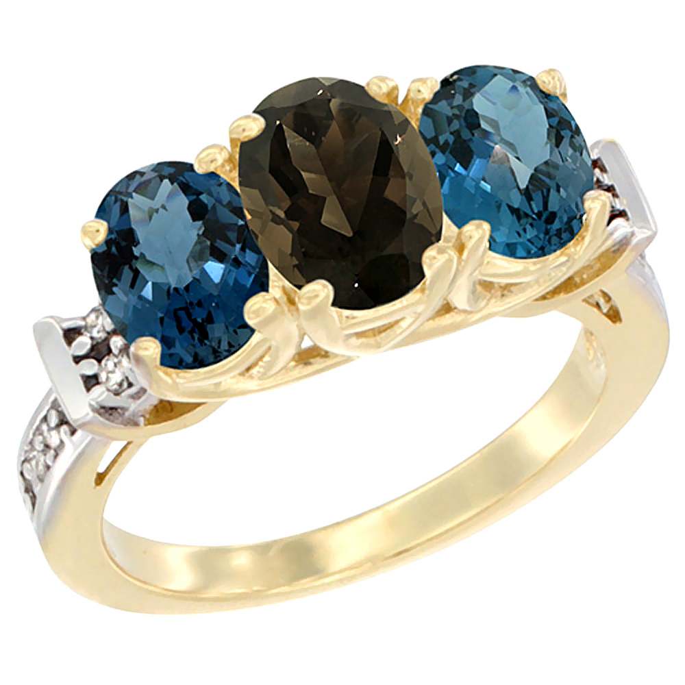 14K Yellow Gold Natural Smoky Topaz & London Blue Topaz Sides Ring 3-Stone Oval Diamond Accent, sizes 5 - 10