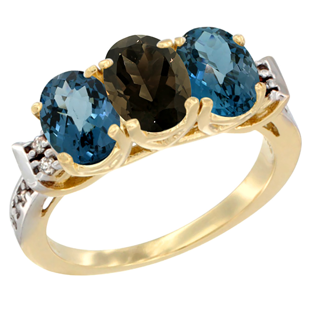 10K Yellow Gold Natural Smoky Topaz & London Blue Topaz Sides Ring 3-Stone Oval 7x5 mm Diamond Accent, sizes 5 - 10