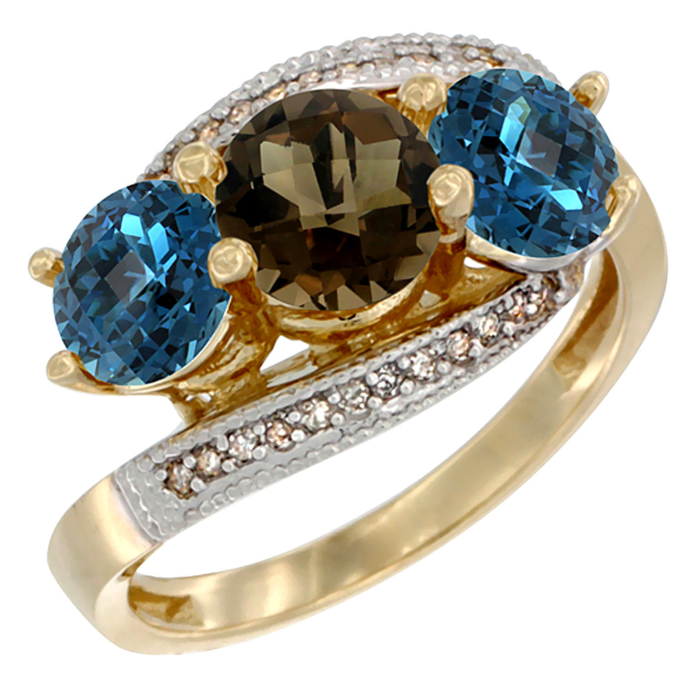 10K Yellow Gold Natural Smoky Topaz &amp; London Blue Topaz Sides 3 stone Ring Round 6mm Diamond Accent, sizes 5 - 10