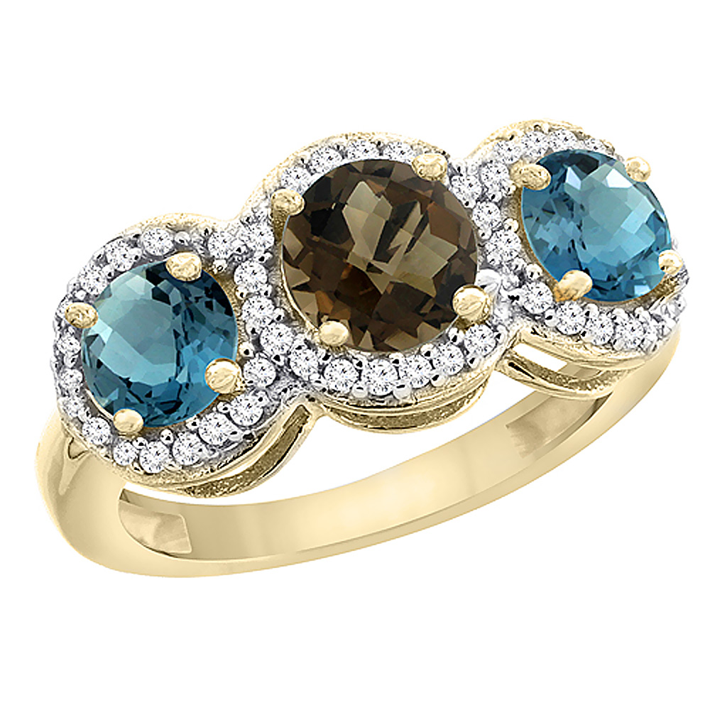 14K Yellow Gold Natural Smoky Topaz &amp; London Blue Topaz Sides Round 3-stone Ring Diamond Accents, sizes 5 - 10