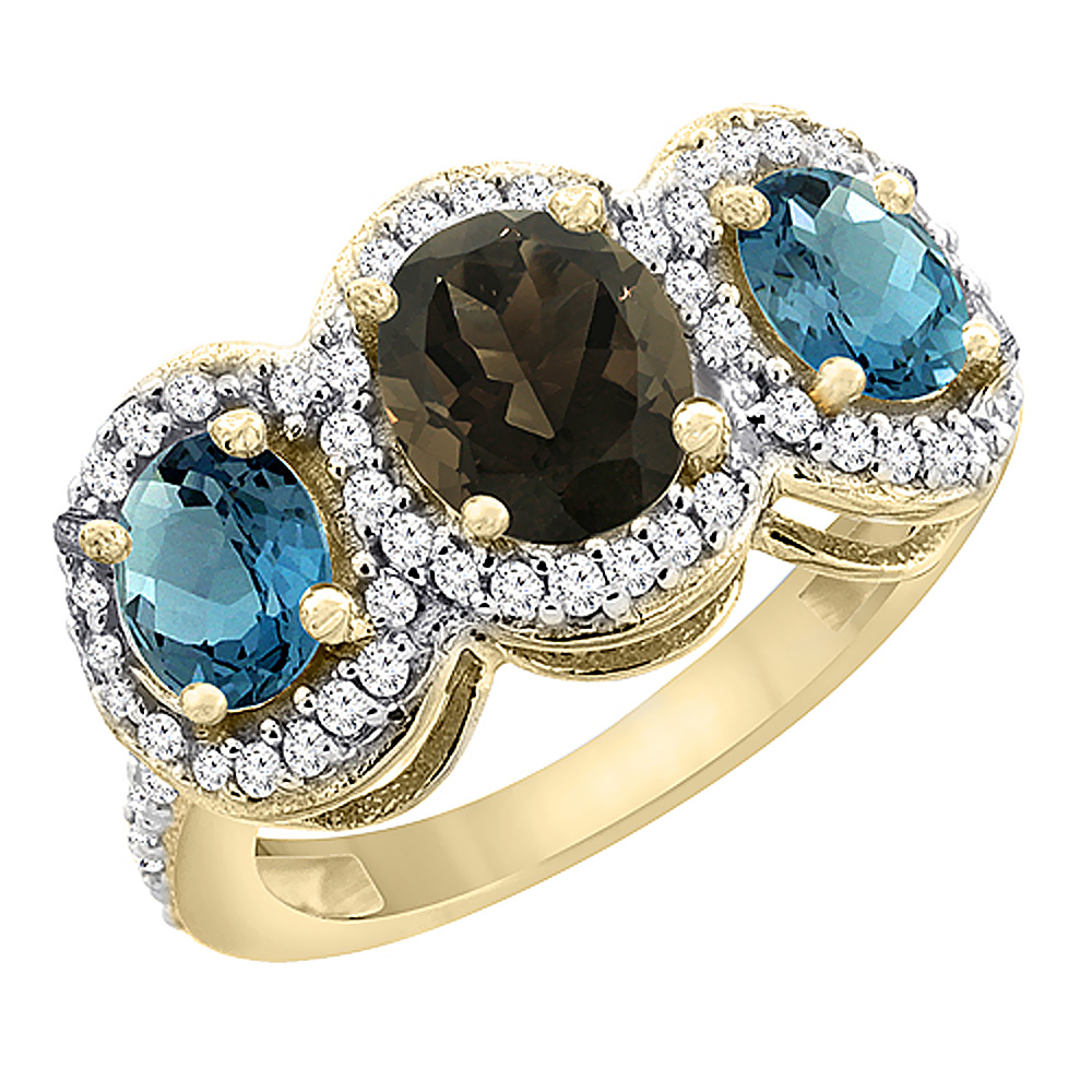 14K Yellow Gold Natural Smoky Topaz & London Blue Topaz 3-Stone Ring Oval Diamond Accent, sizes 5 - 10