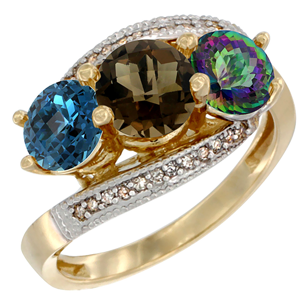 10K Yellow Gold Natural London Blue Topaz, Smoky & Mystic Topaz 3 stone Ring Round 6mm Diamond Accent, sizes 5 - 10