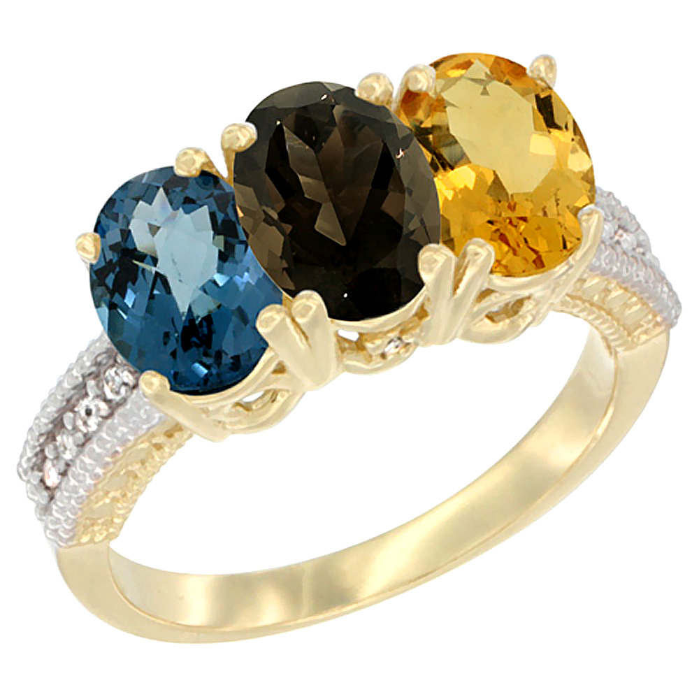 14K Yellow Gold Natural London Blue Topaz, Smoky Topaz &amp; Citrine Ring 3-Stone 7x5 mm Oval Diamond Accent, sizes 5 - 10