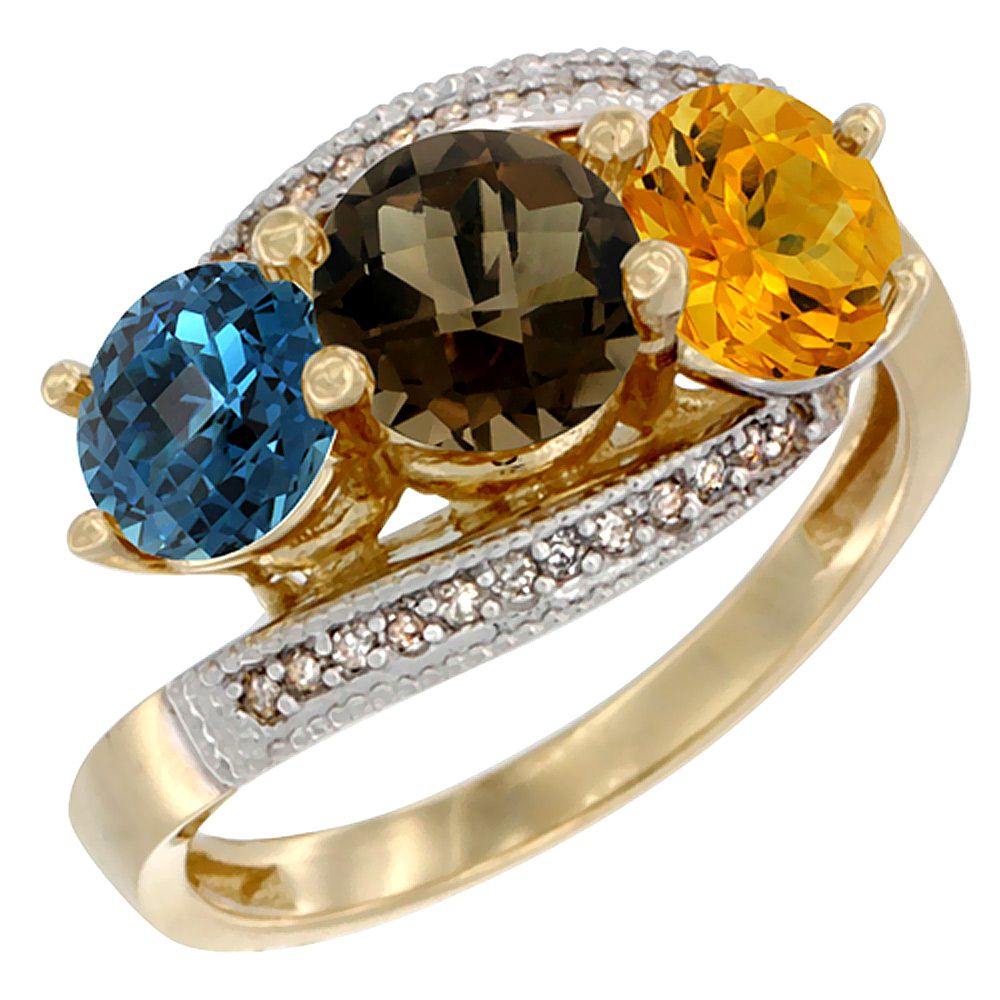 14K Yellow Gold Natural London Blue Topaz, Smoky Topaz &amp; Citrine 3 stone Ring Round 6mm Diamond Accent, sizes 5 - 10
