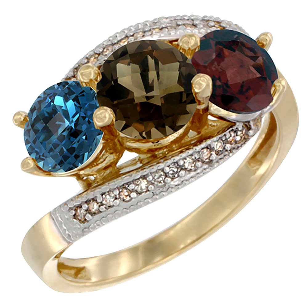 10K Yellow Gold Natural London Blue Topaz, Smoky Topaz & Garnet 3 stone Ring Round 6mm Diamond Accent, sizes 5 - 10