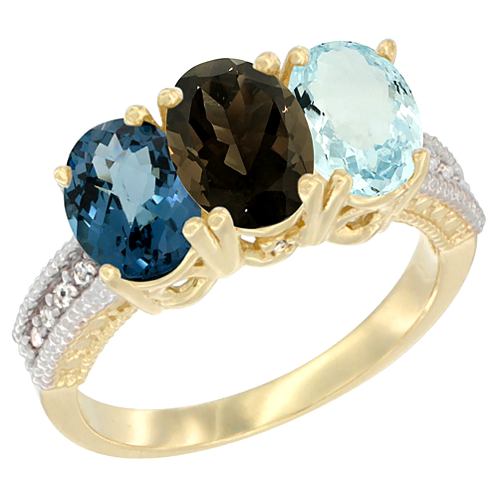 14K Yellow Gold Natural London Blue Topaz, Smoky Topaz &amp; Aquamarine Ring 3-Stone 7x5 mm Oval Diamond Accent, sizes 5 - 10