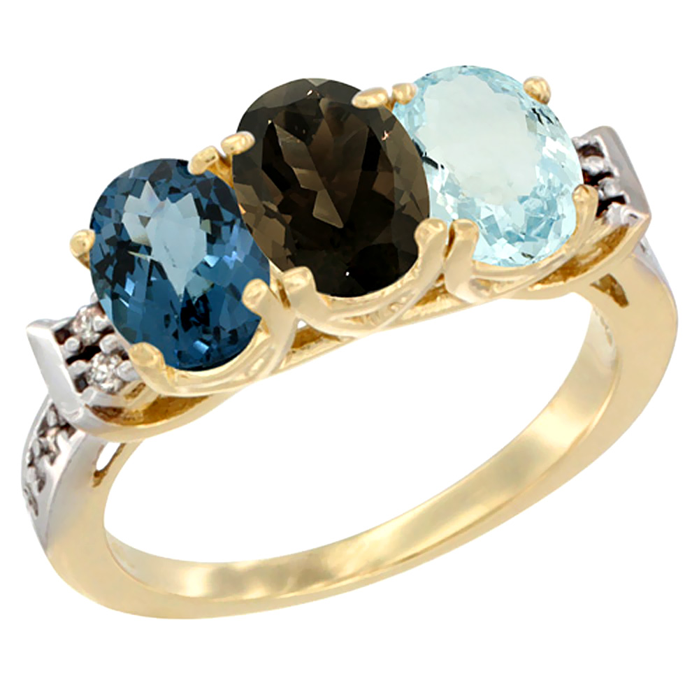 10K Yellow Gold Natural London Blue Topaz, Smoky Topaz & Aquamarine Ring 3-Stone Oval 7x5 mm Diamond Accent, sizes 5 - 10