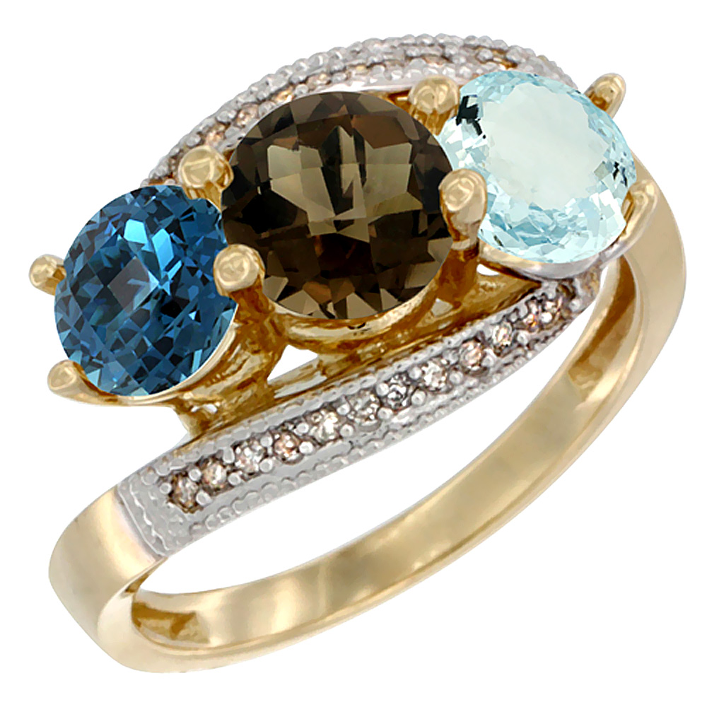 10K Yellow Gold Natural London Blue Topaz, Smoky Topaz &amp; Aquamarine 3 stone Ring Round 6mm Diamond Accent, sizes 5 - 10