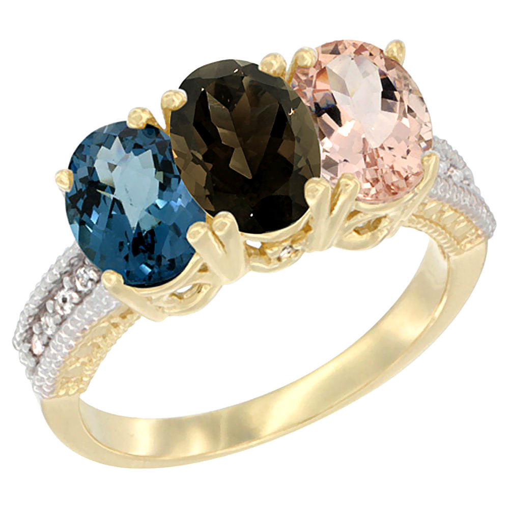 10K Yellow Gold Diamond Natural London Blue Topaz, Smoky Topaz & Morganite Ring 3-Stone Oval 7x5 mm, sizes 5 - 10