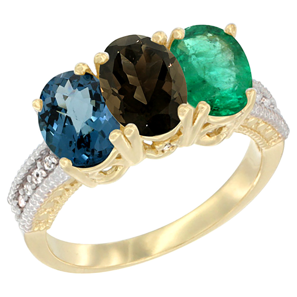 10K Yellow Gold Diamond Natural London Blue Topaz, Smoky Topaz & Emerald Ring 3-Stone Oval 7x5 mm, sizes 5 - 10
