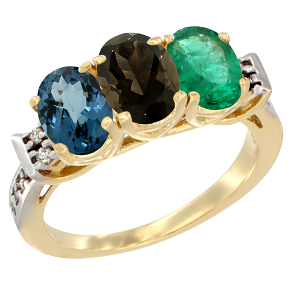 10K Yellow Gold Natural London Blue Topaz, Smoky Topaz &amp; Emerald Ring 3-Stone Oval 7x5 mm Diamond Accent, sizes 5 - 10