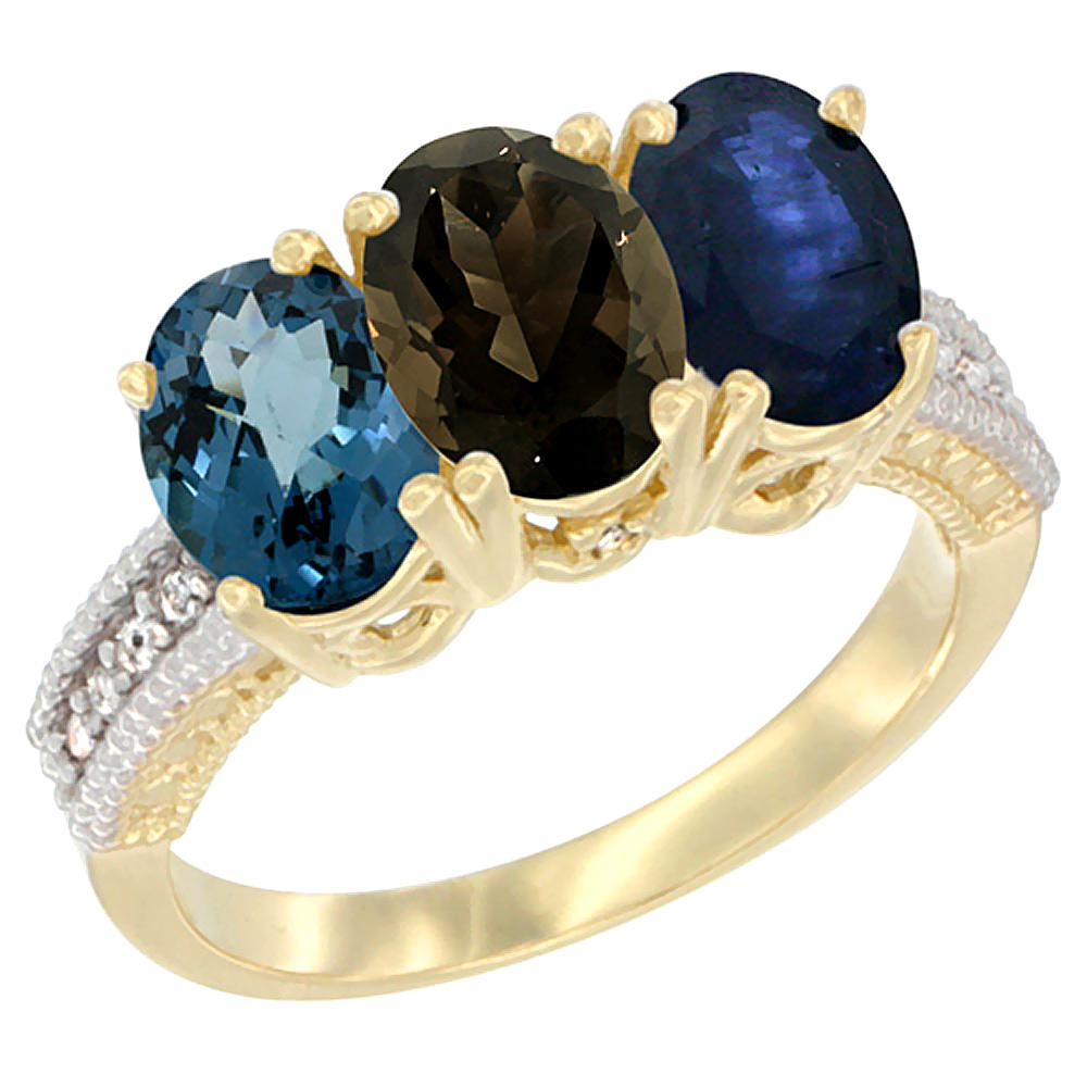 14K Yellow Gold Natural London Blue Topaz, Smoky Topaz &amp; Blue Sapphire Ring 3-Stone 7x5 mm Oval Diamond Accent, sizes 5 - 10