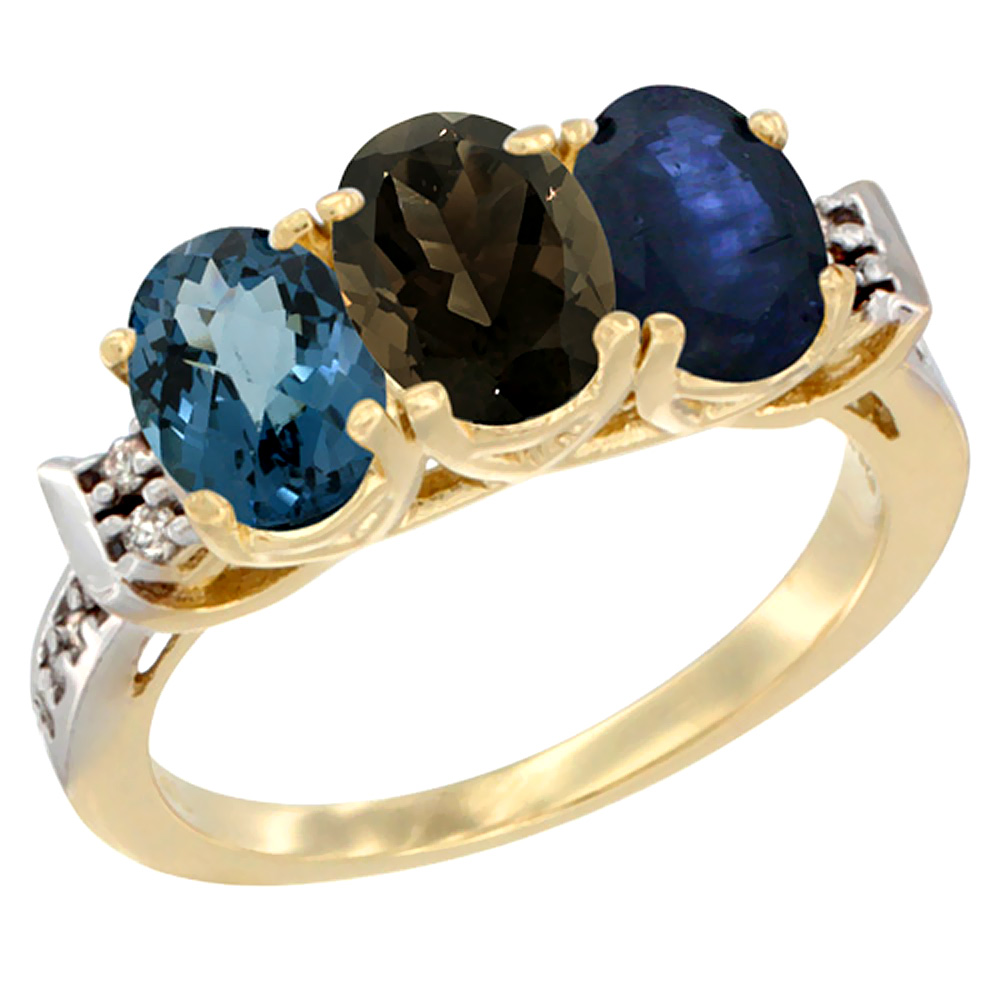 10K Yellow Gold Natural London Blue Topaz, Smoky Topaz &amp; Blue Sapphire Ring 3-Stone Oval 7x5 mm Diamond Accent, sizes 5 - 10