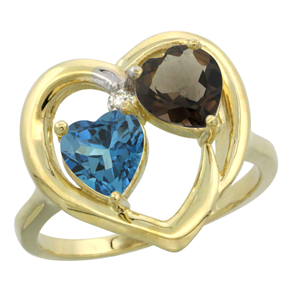 14K Yellow Gold Diamond Two-stone Heart Ring 6mm Natural London Blue Topaz & Smoky Topaz, sizes 5-10