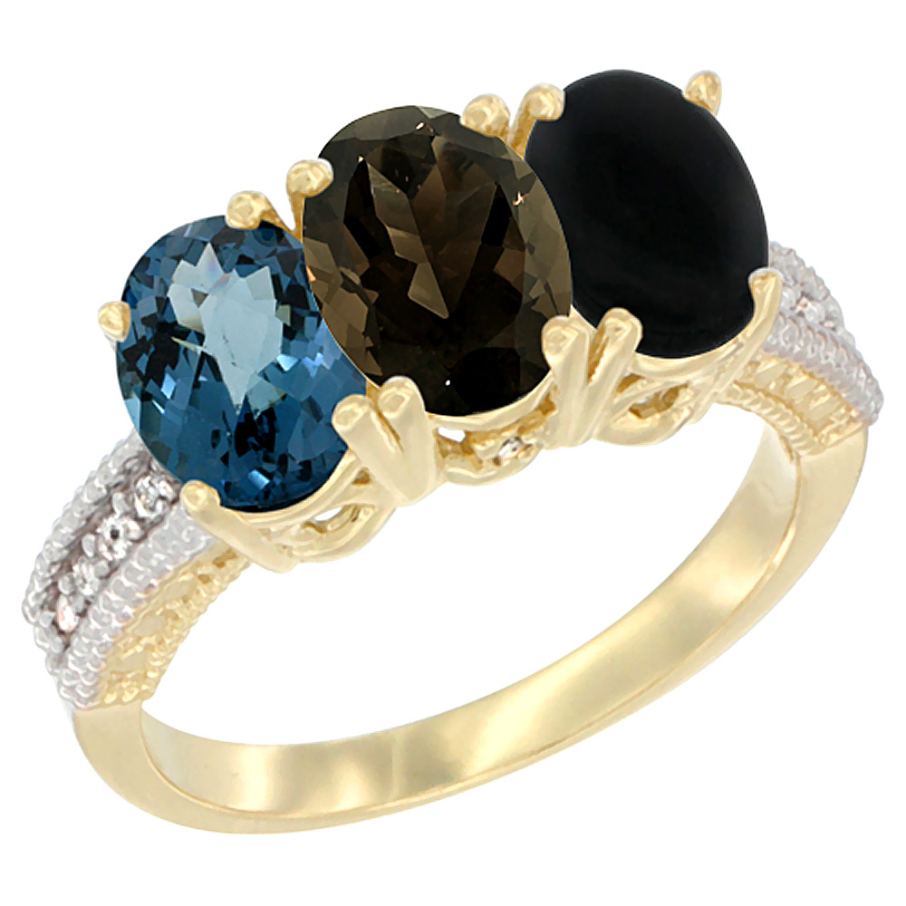 14K Yellow Gold Natural London Blue Topaz, Smoky Topaz &amp; Black Onyx Ring 3-Stone 7x5 mm Oval Diamond Accent, sizes 5 - 10