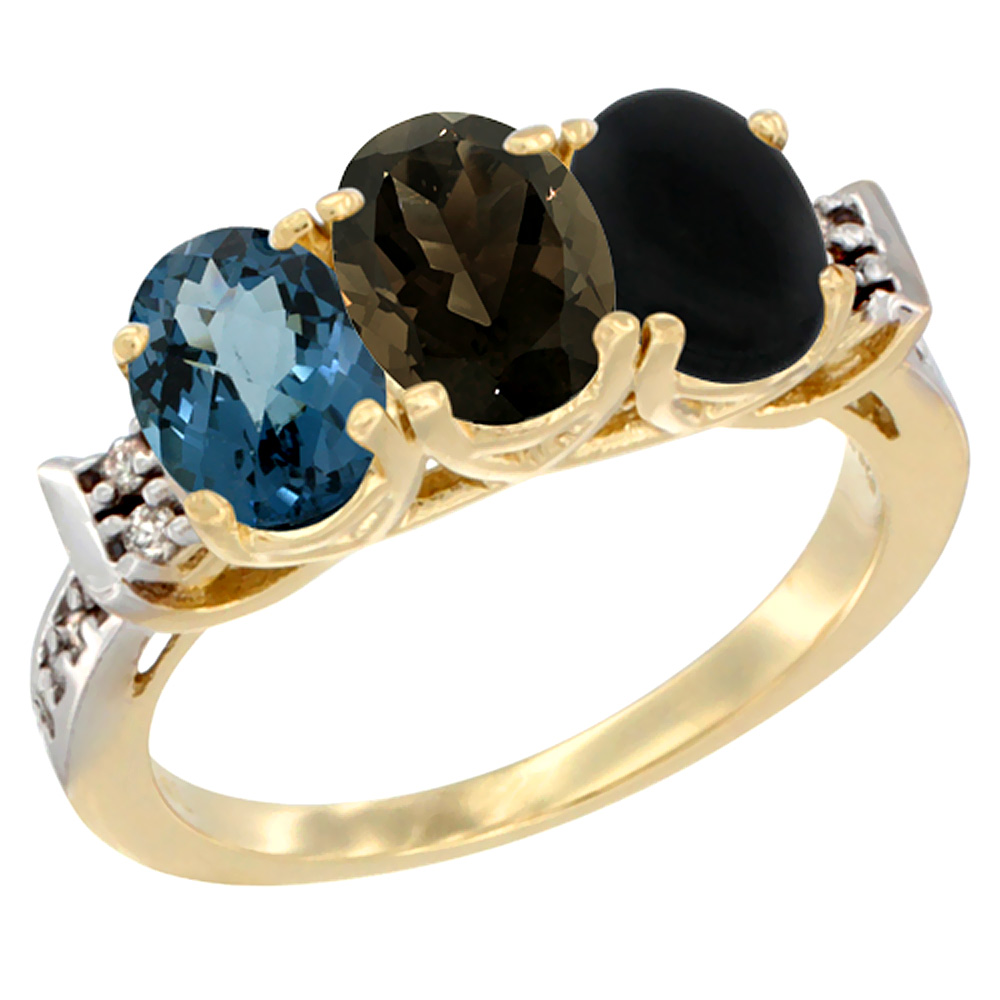 14K Yellow Gold Natural London Blue Topaz, Smoky Topaz &amp; Black Onyx Ring 3-Stone 7x5 mm Oval Diamond Accent, sizes 5 - 10