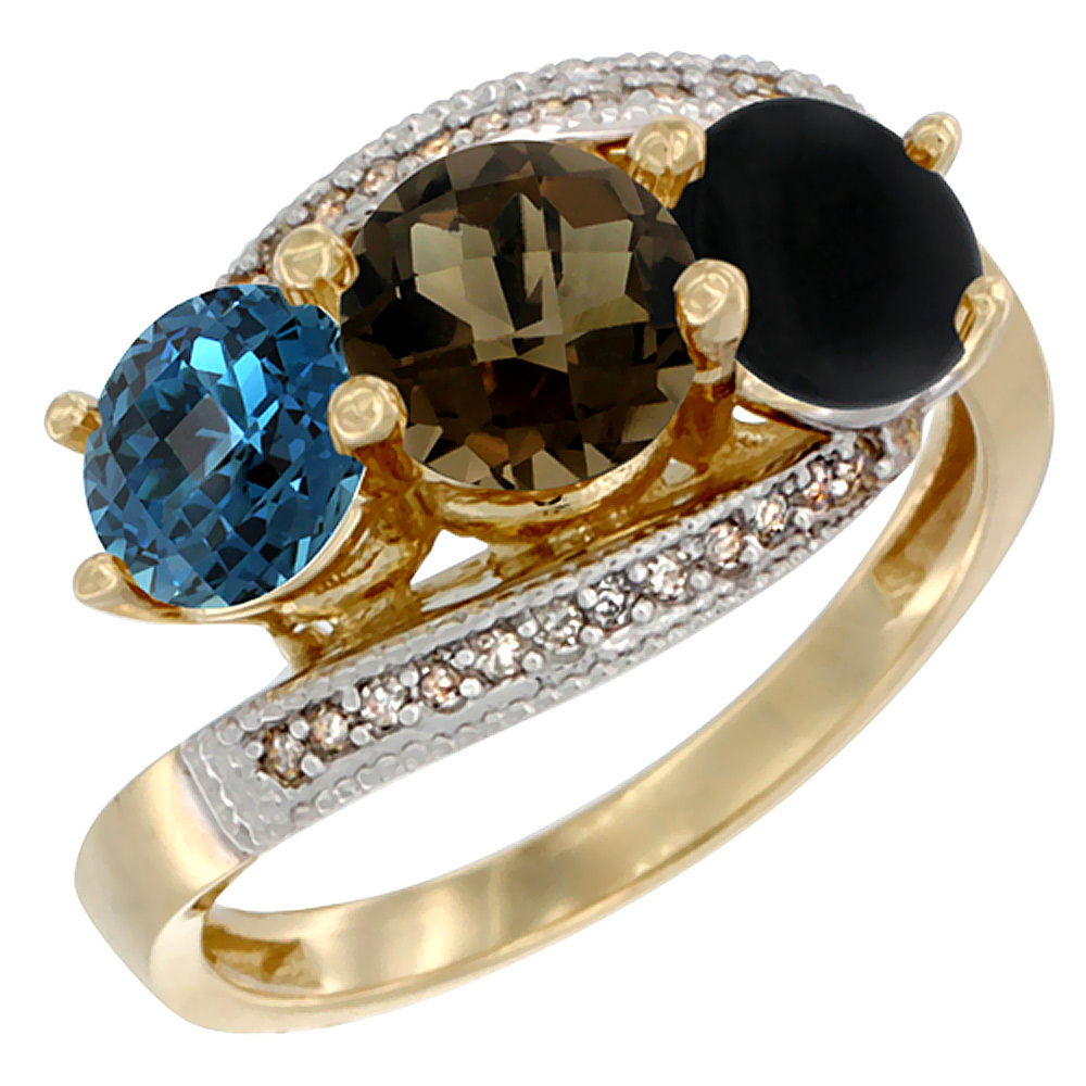 10K Yellow Gold Natural London Blue Topaz, Smoky Topaz &amp; Black Onyx 3 stone Ring Round 6mm Diamond Accent, sizes 5 - 10