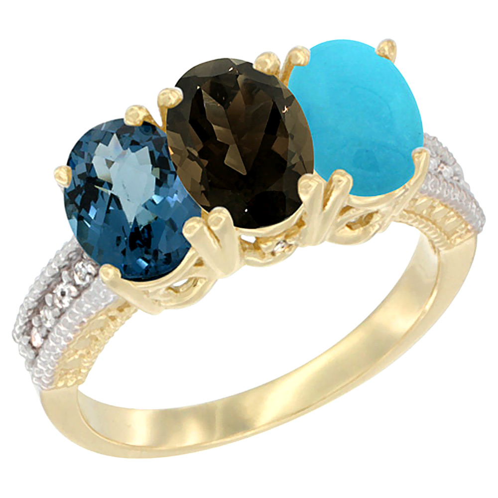 10K Yellow Gold Diamond Natural London Blue Topaz, Smoky Topaz &amp; Turquoise Ring 3-Stone Oval 7x5 mm, sizes 5 - 10