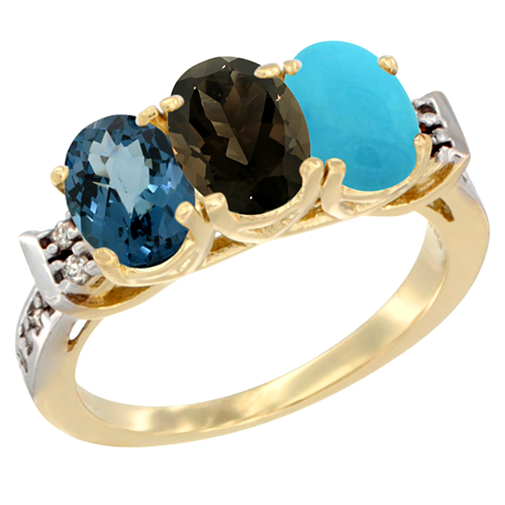 10K Yellow Gold Natural London Blue Topaz, Smoky Topaz & Turquoise Ring 3-Stone Oval 7x5 mm Diamond Accent, sizes 5 - 10