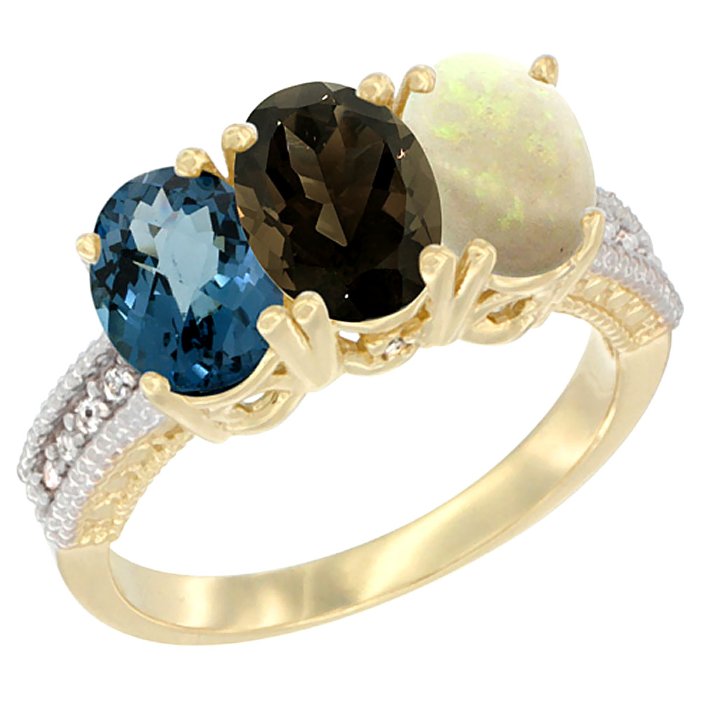 14K Yellow Gold Natural London Blue Topaz, Smoky Topaz &amp; Opal Ring 3-Stone 7x5 mm Oval Diamond Accent, sizes 5 - 10
