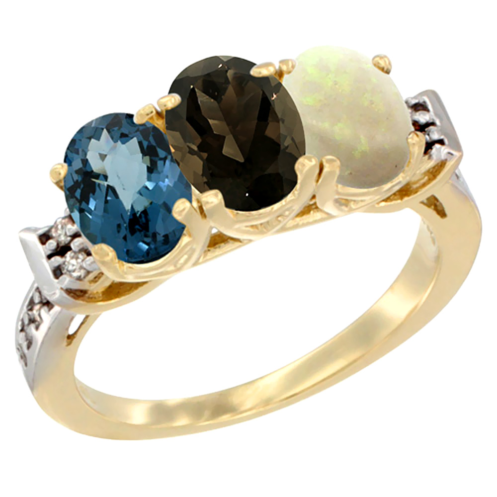 10K Yellow Gold Natural London Blue Topaz, Smoky Topaz &amp; Opal Ring 3-Stone Oval 7x5 mm Diamond Accent, sizes 5 - 10