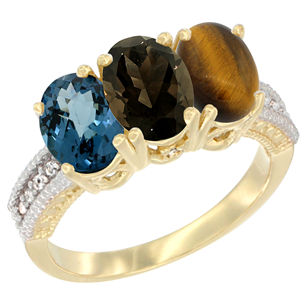 14K Yellow Gold Natural London Blue Topaz, Smoky Topaz &amp; Tiger Eye Ring 3-Stone 7x5 mm Oval Diamond Accent, sizes 5 - 10