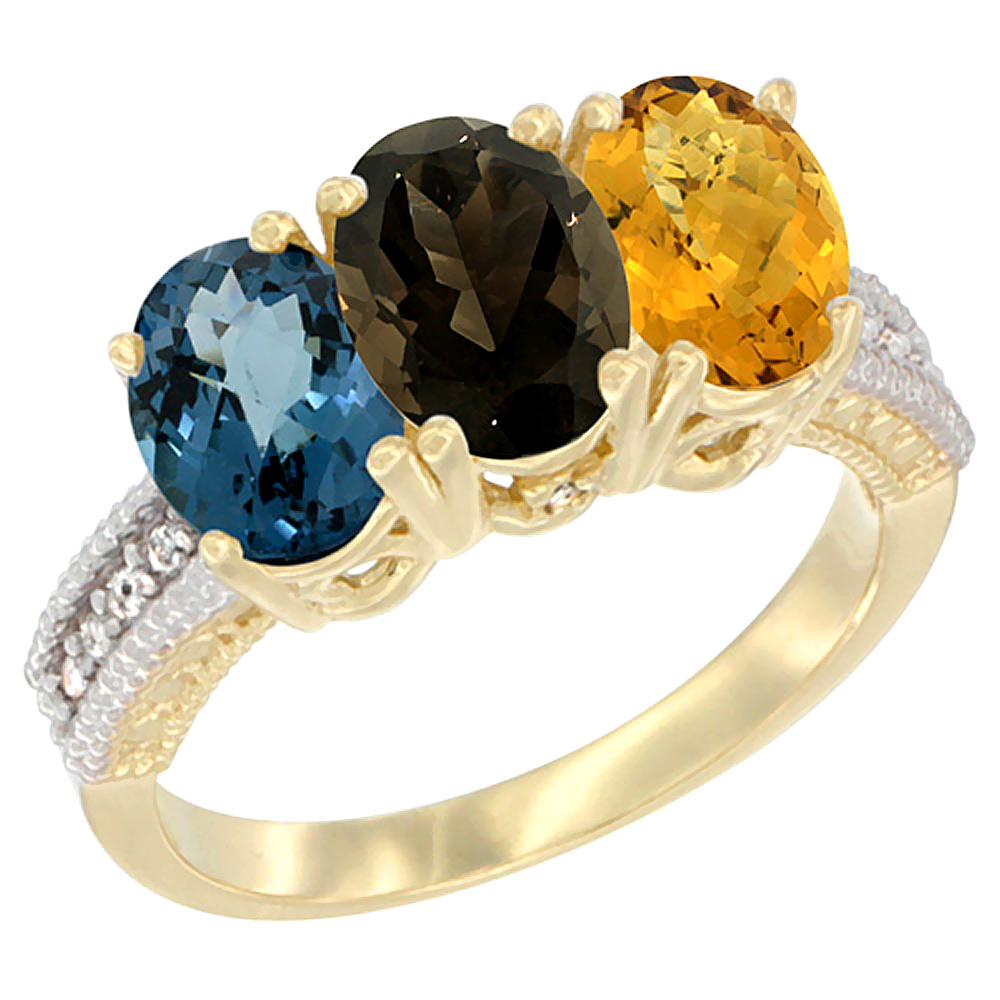 10K Yellow Gold Diamond Natural London Blue Topaz, Smoky Topaz &amp; Whisky Quartz Ring 3-Stone Oval 7x5 mm, sizes 5 - 10