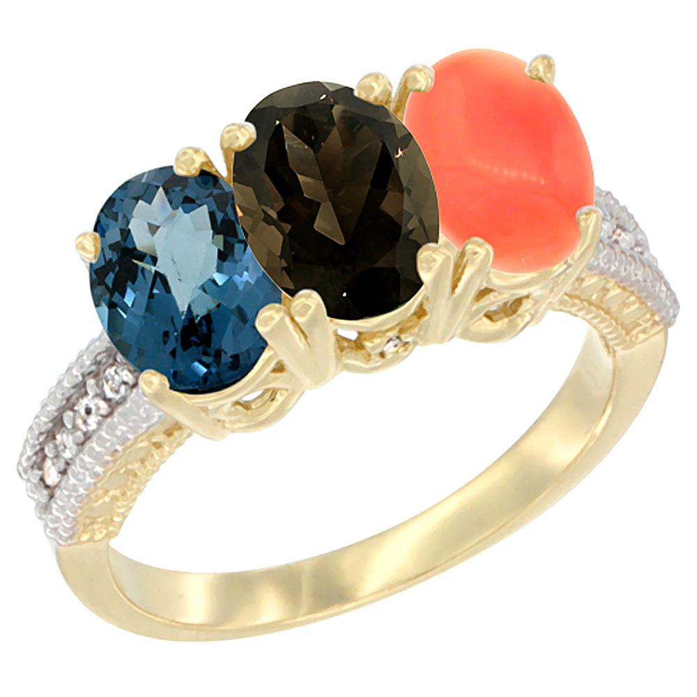 14K Yellow Gold Natural London Blue Topaz, Smoky Topaz & Coral Ring 3-Stone 7x5 mm Oval Diamond Accent, sizes 5 - 10