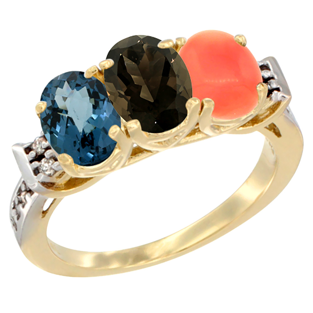 10K Yellow Gold Natural London Blue Topaz, Smoky Topaz & Coral Ring 3-Stone Oval 7x5 mm Diamond Accent, sizes 5 - 10