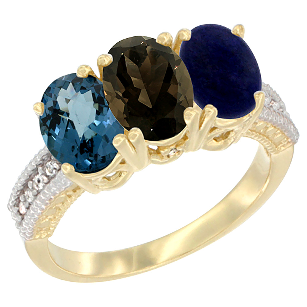 14K Yellow Gold Natural London Blue Topaz, Smoky Topaz & Lapis Ring 3-Stone 7x5 mm Oval Diamond Accent, sizes 5 - 10