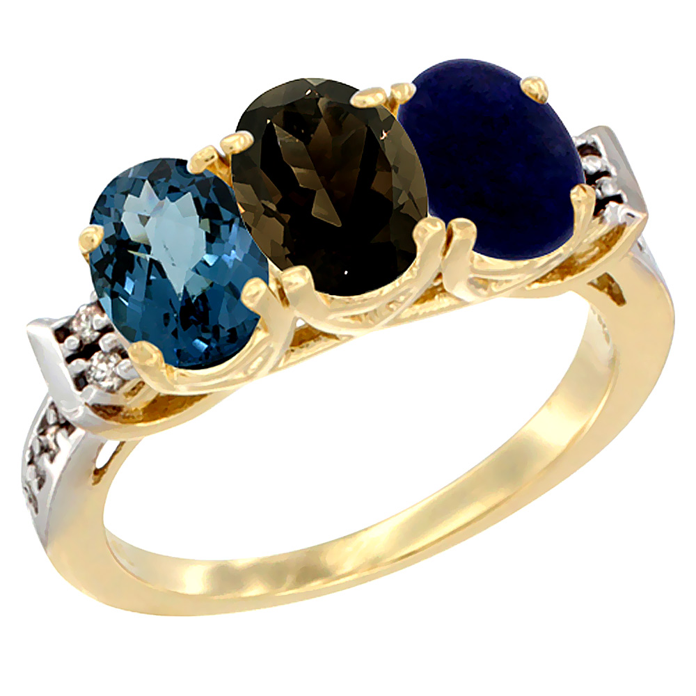 10K Yellow Gold Natural London Blue Topaz, Smoky Topaz & Lapis Ring 3-Stone Oval 7x5 mm Diamond Accent, sizes 5 - 10