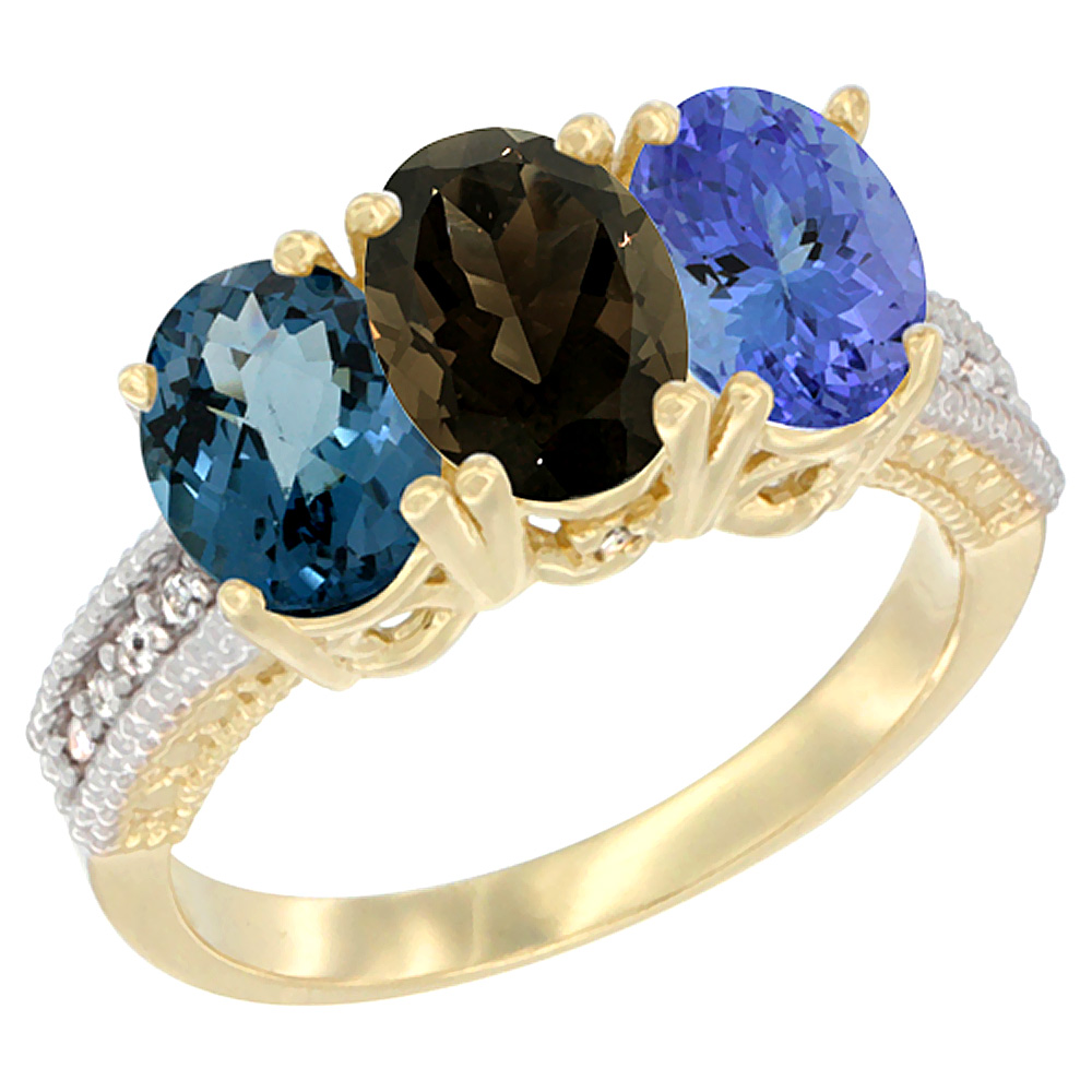 14K Yellow Gold Natural London Blue Topaz, Smoky Topaz & Tanzanite Ring 3-Stone 7x5 mm Oval Diamond Accent, sizes 5 - 10