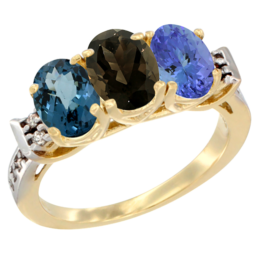 14K Yellow Gold Natural London Blue Topaz, Smoky Topaz & Tanzanite Ring 3-Stone 7x5 mm Oval Diamond Accent, sizes 5 - 10