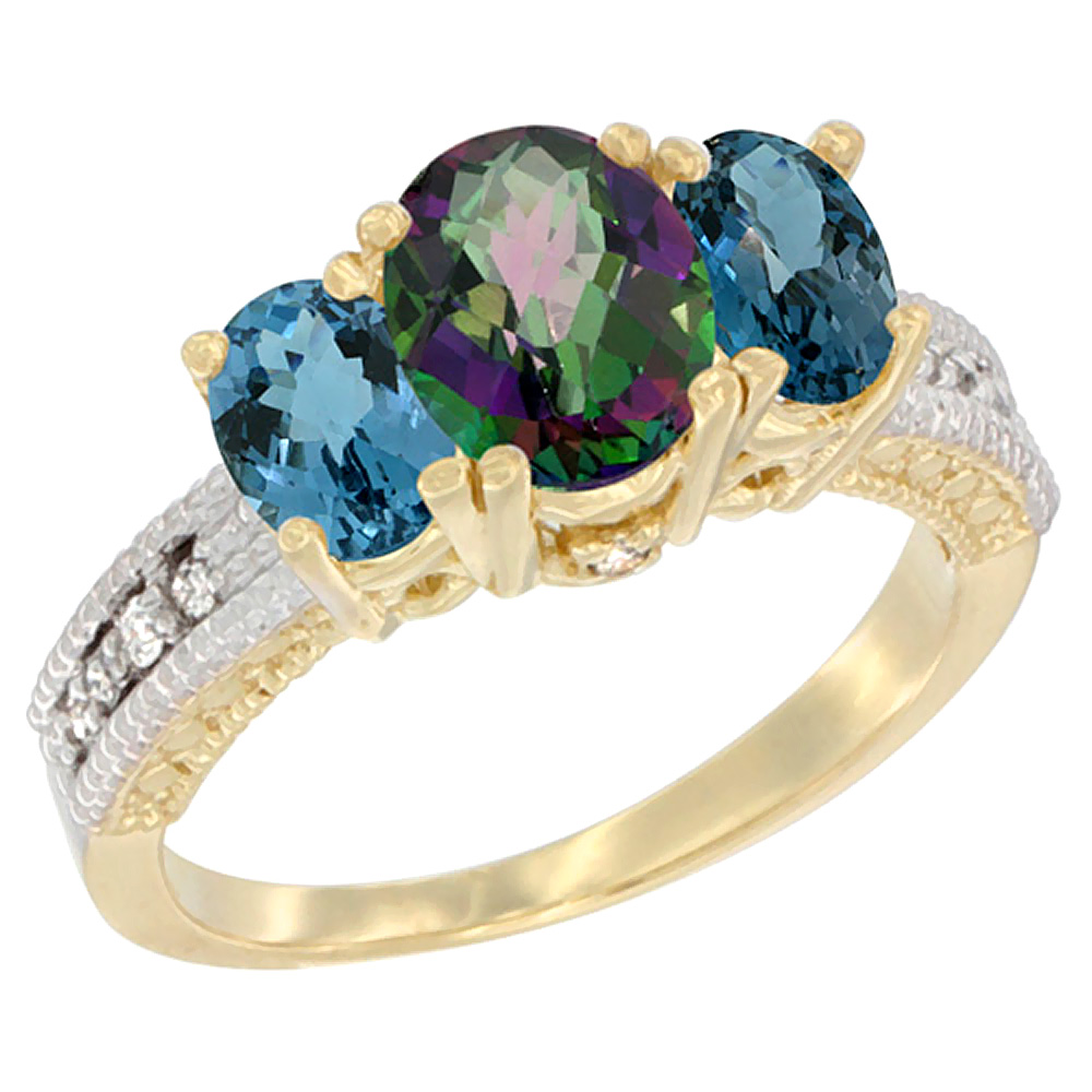 14K Yellow Gold Diamond Natural Mystic Topaz Ring Oval 3-stone with London Blue Topaz, sizes 5 - 10