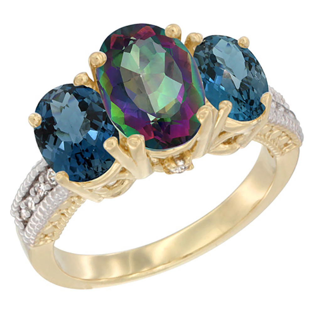 14K Yellow Gold Diamond Natural Mystic Topaz Ring 3-Stone Oval 8x6mm with London Blue Topaz, sizes5-10