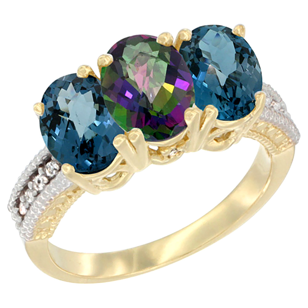 14K Yellow Gold Natural Mystic Topaz &amp; London Blue Topaz Sides Ring 3-Stone 7x5 mm Oval Diamond Accent, sizes 5 - 10